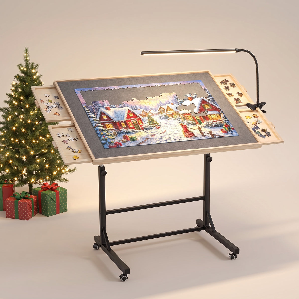 PiecePause puzzle table with four side drawers, rolling stand and LED lamp lighting a Christmas village puzzle