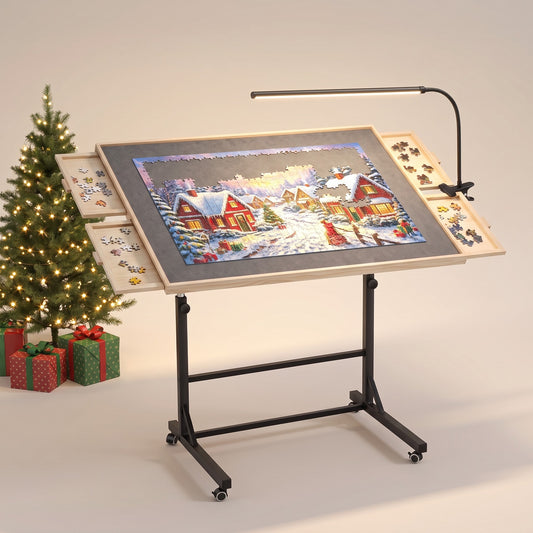 PiecePause puzzle table with four side drawers, rolling stand and LED lamp lighting a Christmas village puzzle