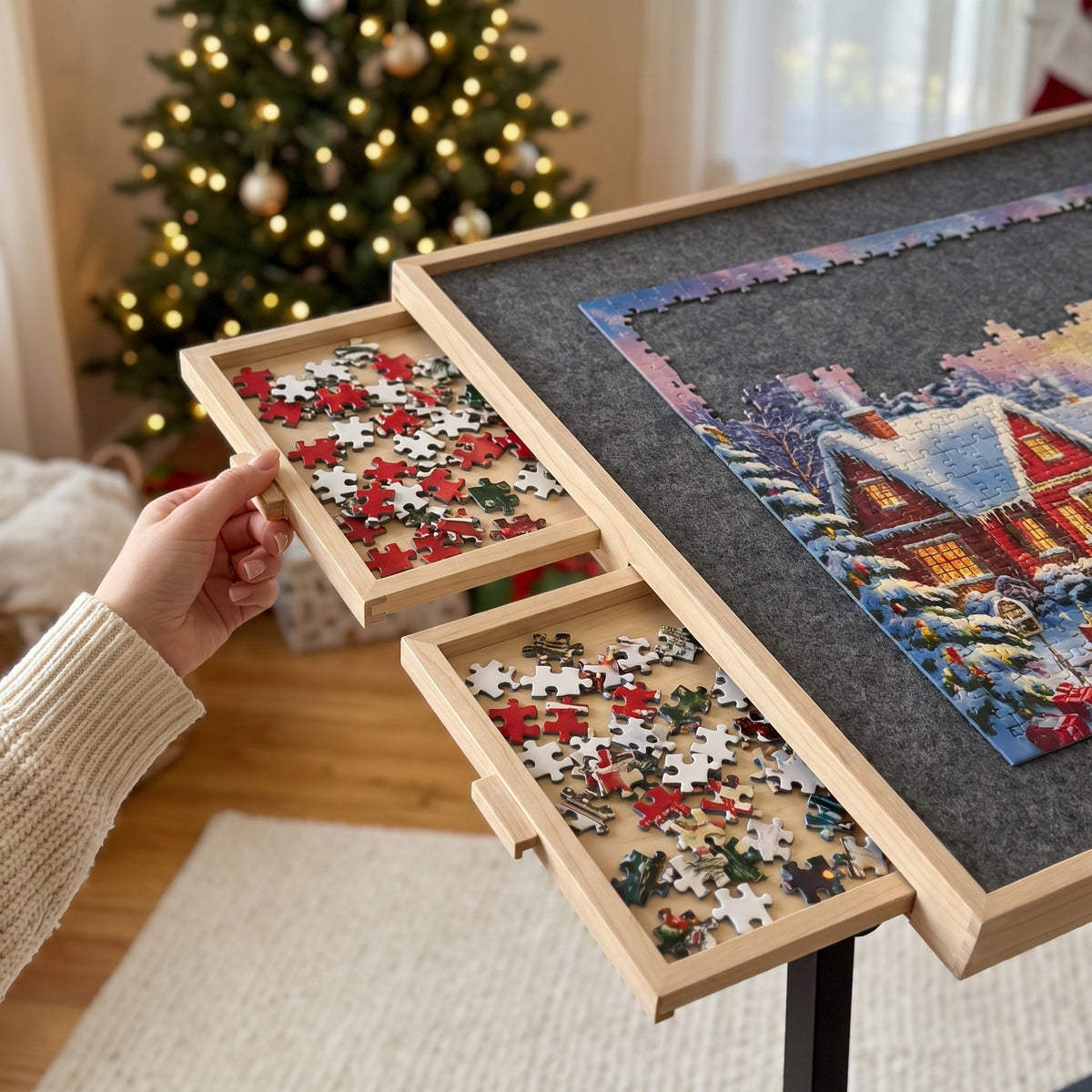 Hand pulling a sorting drawer out of the side of the PiecePause puzzle board