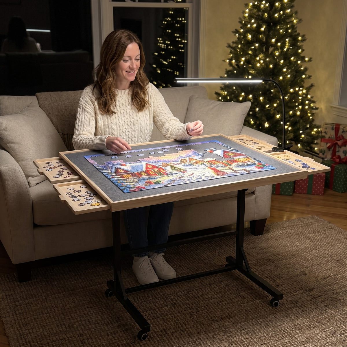 PiecePause LED lamp lighting a Christmas puzzle in a living room at night