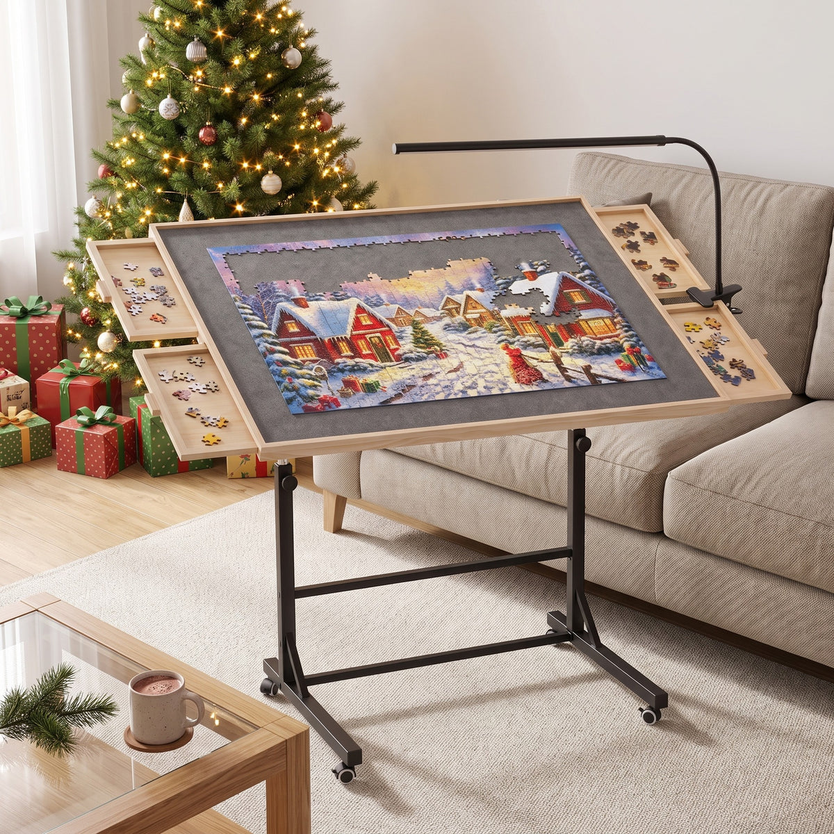 PiecePause table parked beside the sofa with the Christmas puzzle still on it