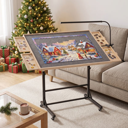 PiecePause table parked beside the sofa with the Christmas puzzle still on it