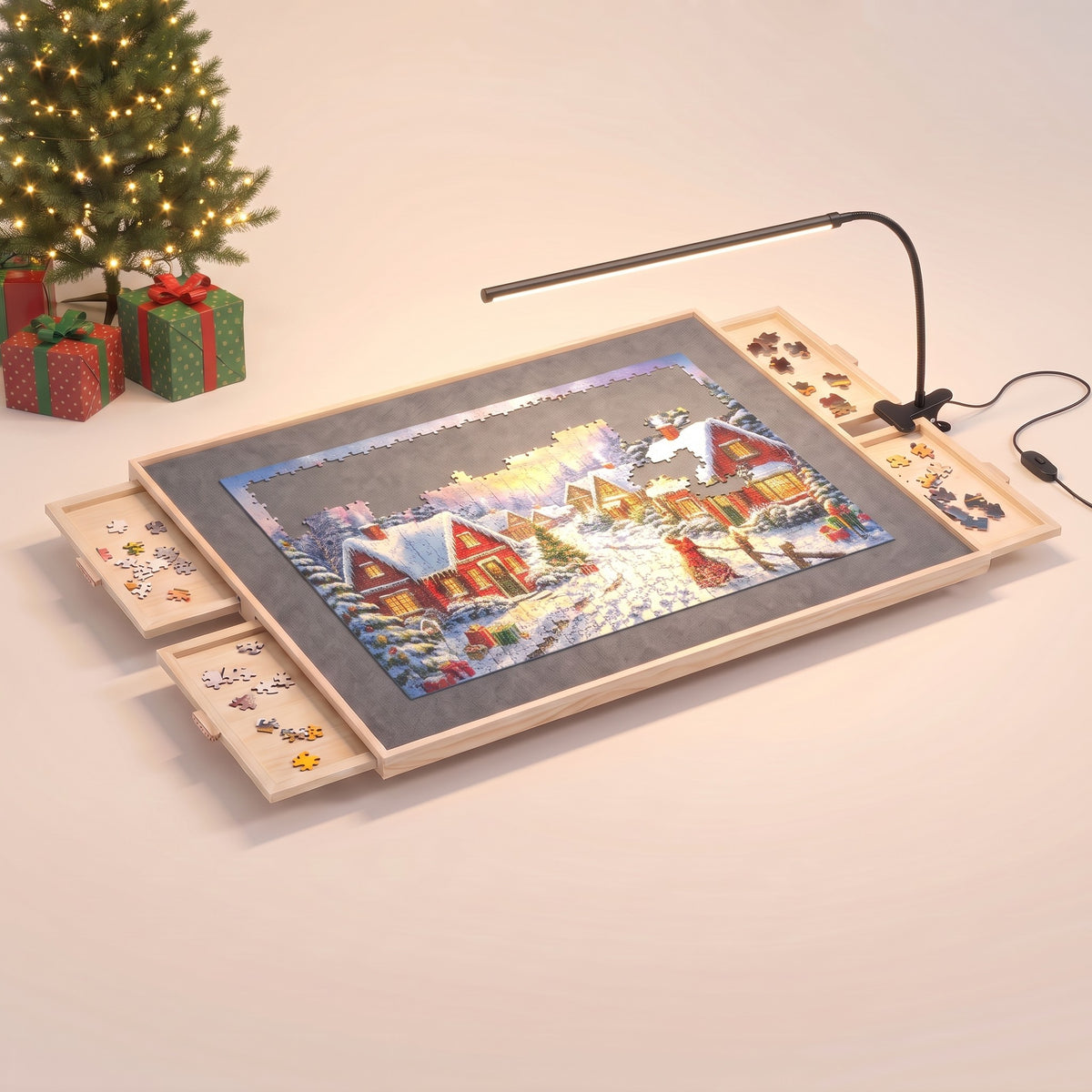 PiecePause puzzle board with four side drawers and the clip-on LED lamp, without the stand