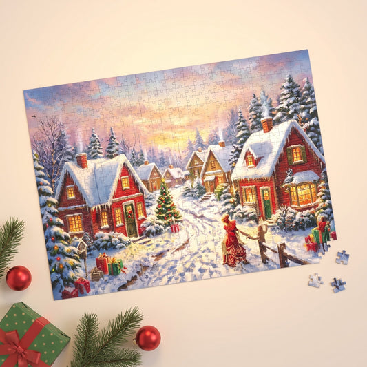 Finished 1000-piece jigsaw puzzle of a snowy Christmas village with red cottages