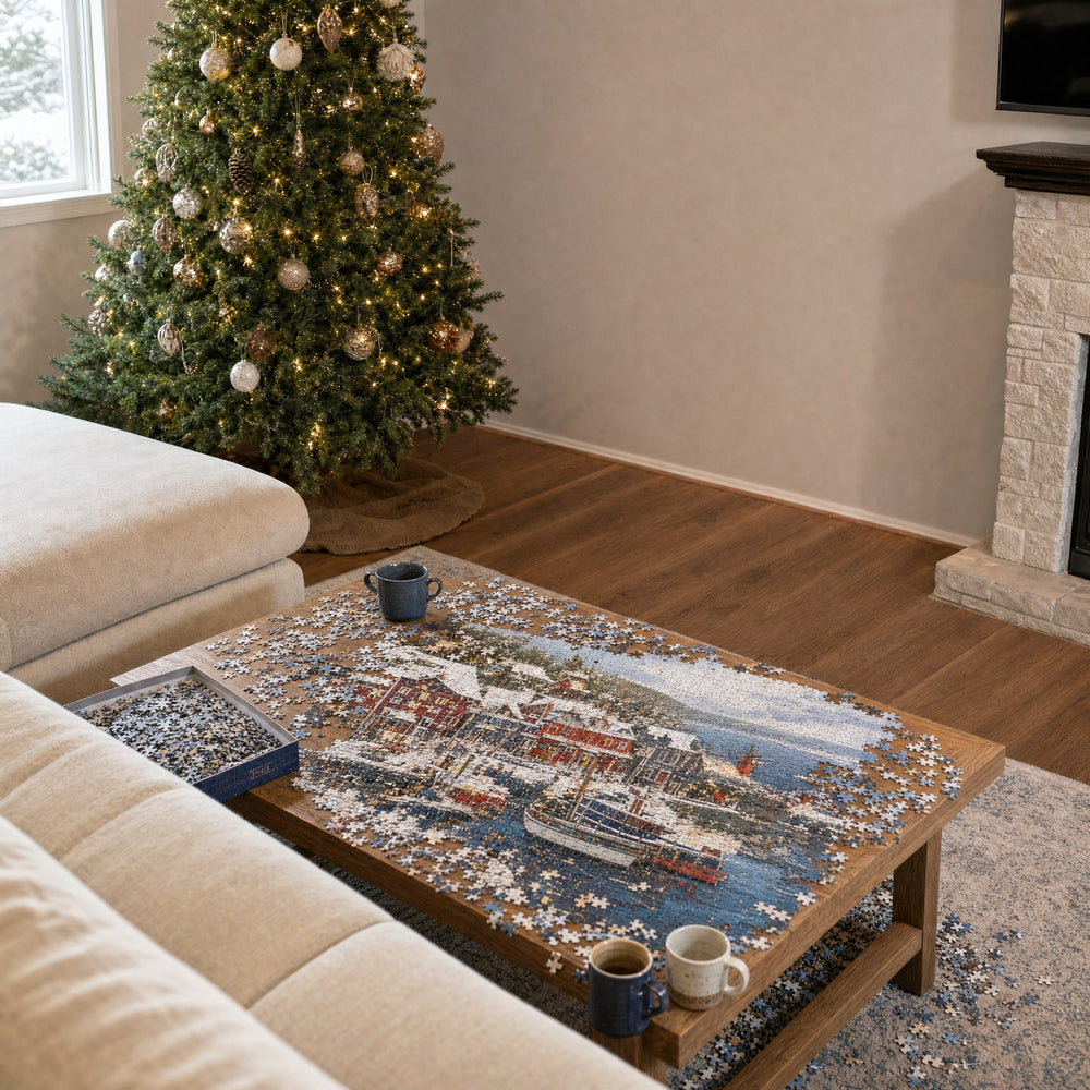 Living room coffee table covered by a puzzle and loose pieces