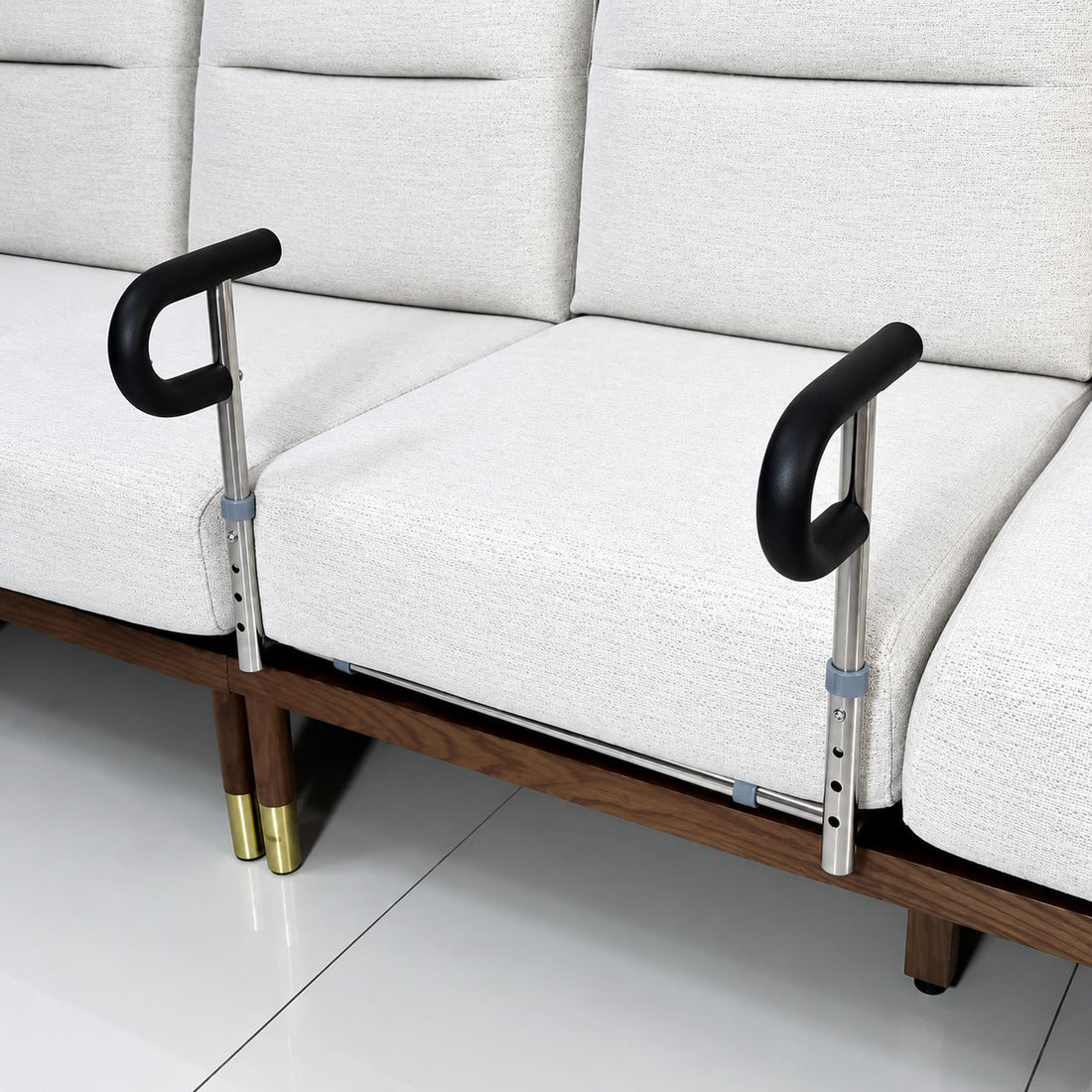StandTall handles installed on a gray sofa